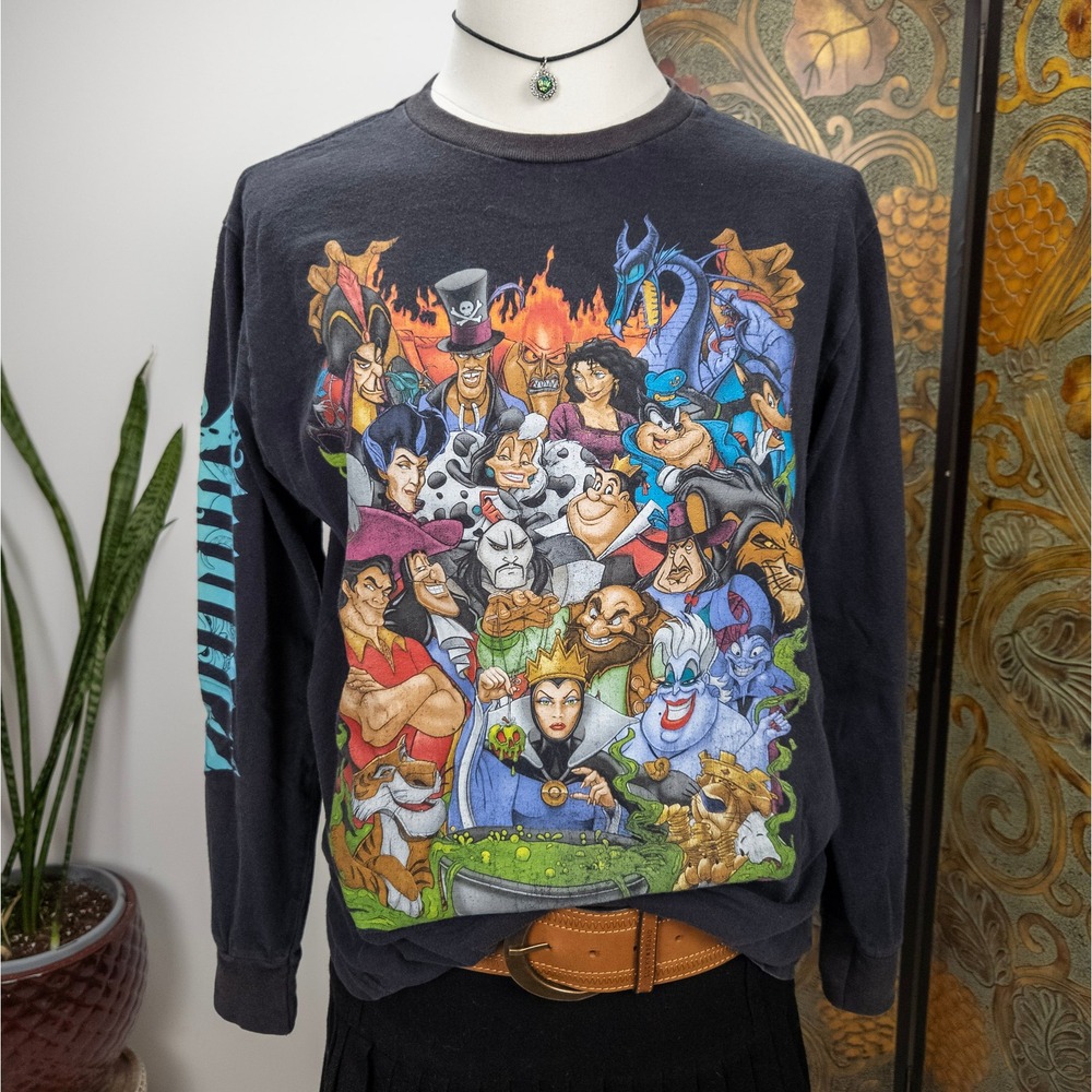 Disney Villains Black Long Sleeve‎ Graphic Tee – Multi Character Print Y2K SM